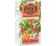 Opakowanie herbaty Basilur Raspberry z ilustracją malin, jabłka i pomarańczy – aromatyczna herbata bez kofeiny.