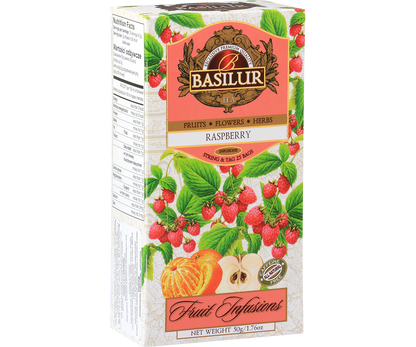 Opakowanie herbaty Basilur Raspberry z ilustracją malin, jabłka i pomarańczy – aromatyczna herbata bez kofeiny.