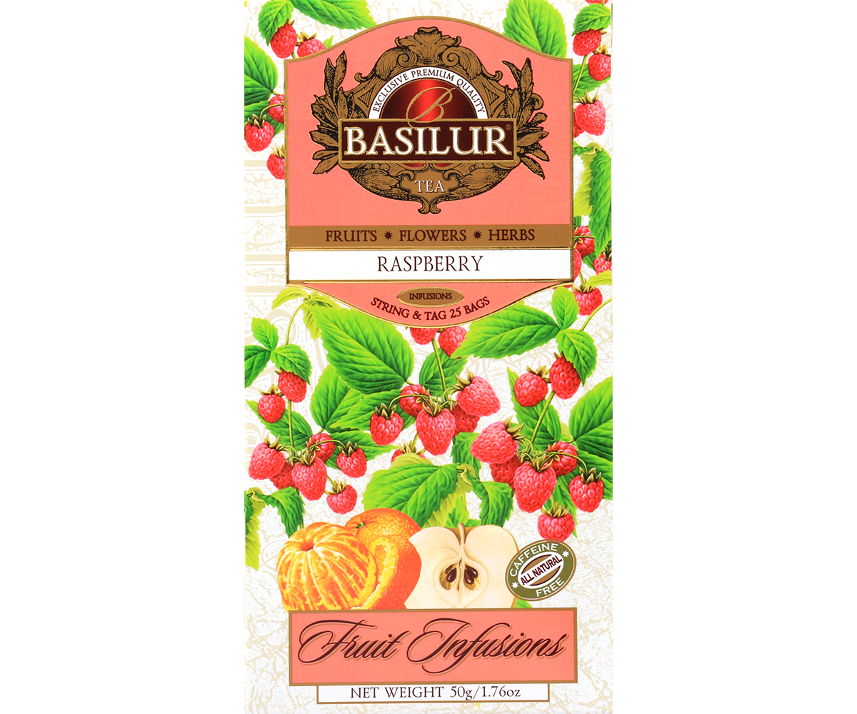 Zbliżenie na pudełko Basilur Raspberry – herbata owocowa z maliną, idealna na ciepło i na zimno.