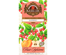 Zbliżenie na pudełko Basilur Raspberry – herbata owocowa z maliną, idealna na ciepło i na zimno.