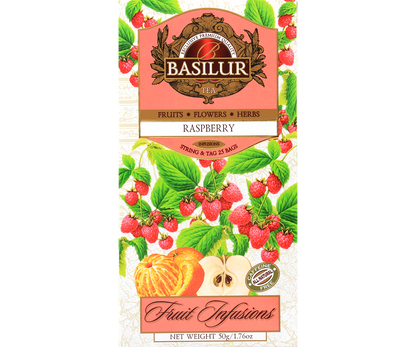 Zbliżenie na pudełko Basilur Raspberry – herbata owocowa z maliną, idealna na ciepło i na zimno.