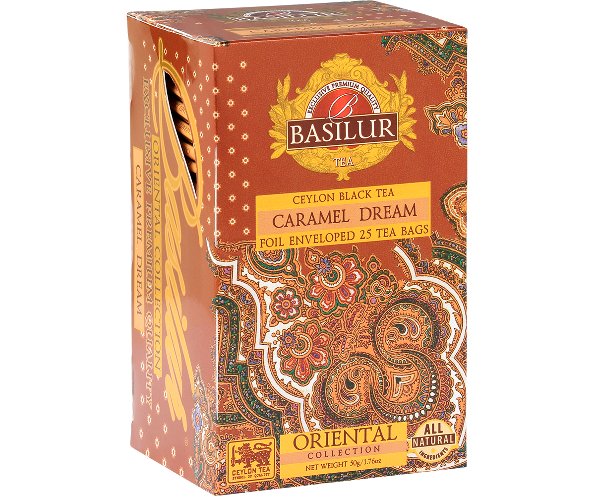 Herbata Basilur Caramel Dream w ozdobnym opakowaniu z orientalnym wzorem – czarna herbata cejlońska z nutą karmelu.
