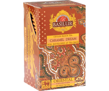 Herbata Basilur Caramel Dream w ozdobnym opakowaniu z orientalnym wzorem – czarna herbata cejlońska z nutą karmelu.