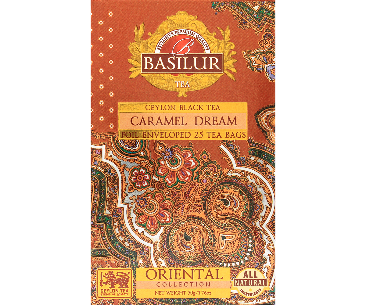 Przód opakowania Basilur Caramel Dream – elegancka herbata o słodkim, karmelowym aromacie.