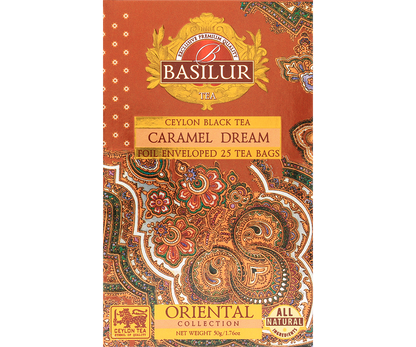 Przód opakowania Basilur Caramel Dream – elegancka herbata o słodkim, karmelowym aromacie.