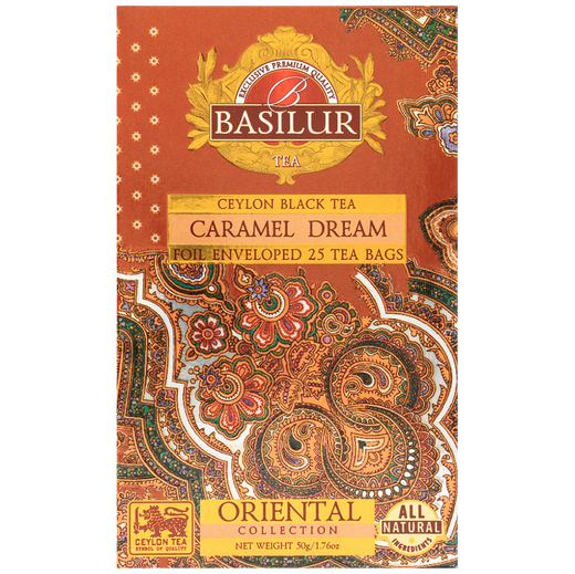 Przód opakowania Basilur Caramel Dream – elegancka herbata o słodkim, karmelowym aromacie.