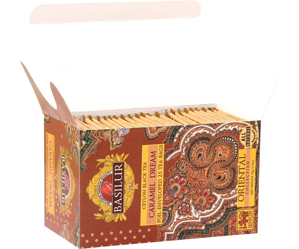 Otwarte pudełko herbaty Basilur Caramel Dream z torebkami foliowanymi – aromatyczna czarna herbata Ceylon.