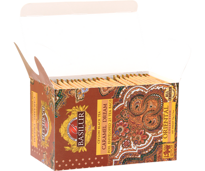 Otwarte pudełko herbaty Basilur Caramel Dream z torebkami foliowanymi – aromatyczna czarna herbata Ceylon.