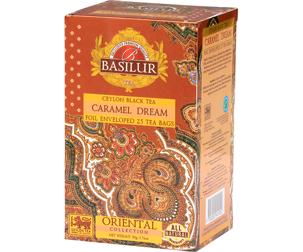 Bok opakowania Basilur Caramel Dream – herbata z kolekcji Oriental Collection, idealna na prezent.