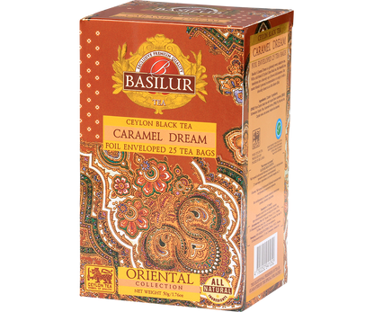 Bok opakowania Basilur Caramel Dream – herbata z kolekcji Oriental Collection, idealna na prezent.