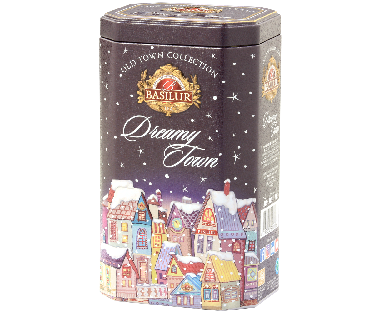 Puszka Basilur Dreamy Town z kolekcji Old Town Collection, widok z boku.