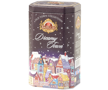 Puszka Basilur Dreamy Town z kolekcji Old Town Collection, widok z boku.