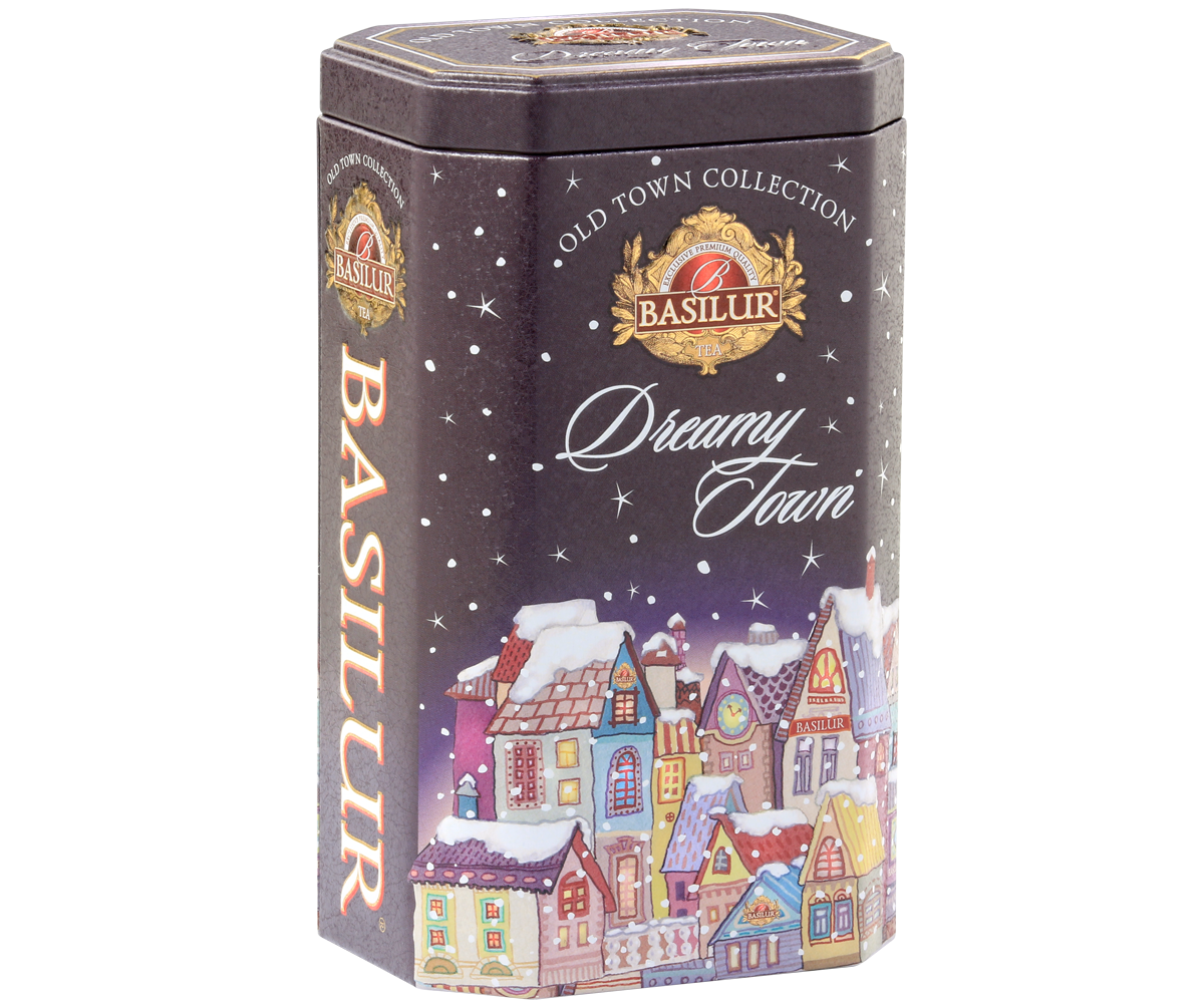 Herbata Basilur Dreamy Town w ozdobnej puszce z motywem zimowego miasteczka, widok z przodu.