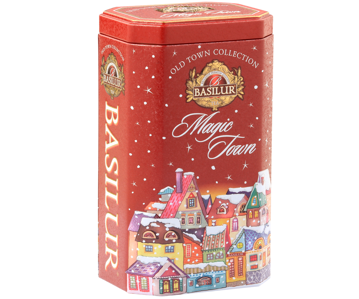 Elegancka puszka Basilur Magic Town z kolekcji Old Town Collection z kolorowymi domkami.