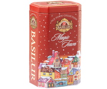 Elegancka puszka Basilur Magic Town z kolekcji Old Town Collection z kolorowymi domkami.