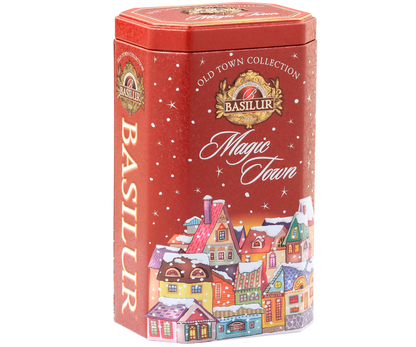 Elegancka puszka Basilur Magic Town z kolekcji Old Town Collection z kolorowymi domkami.