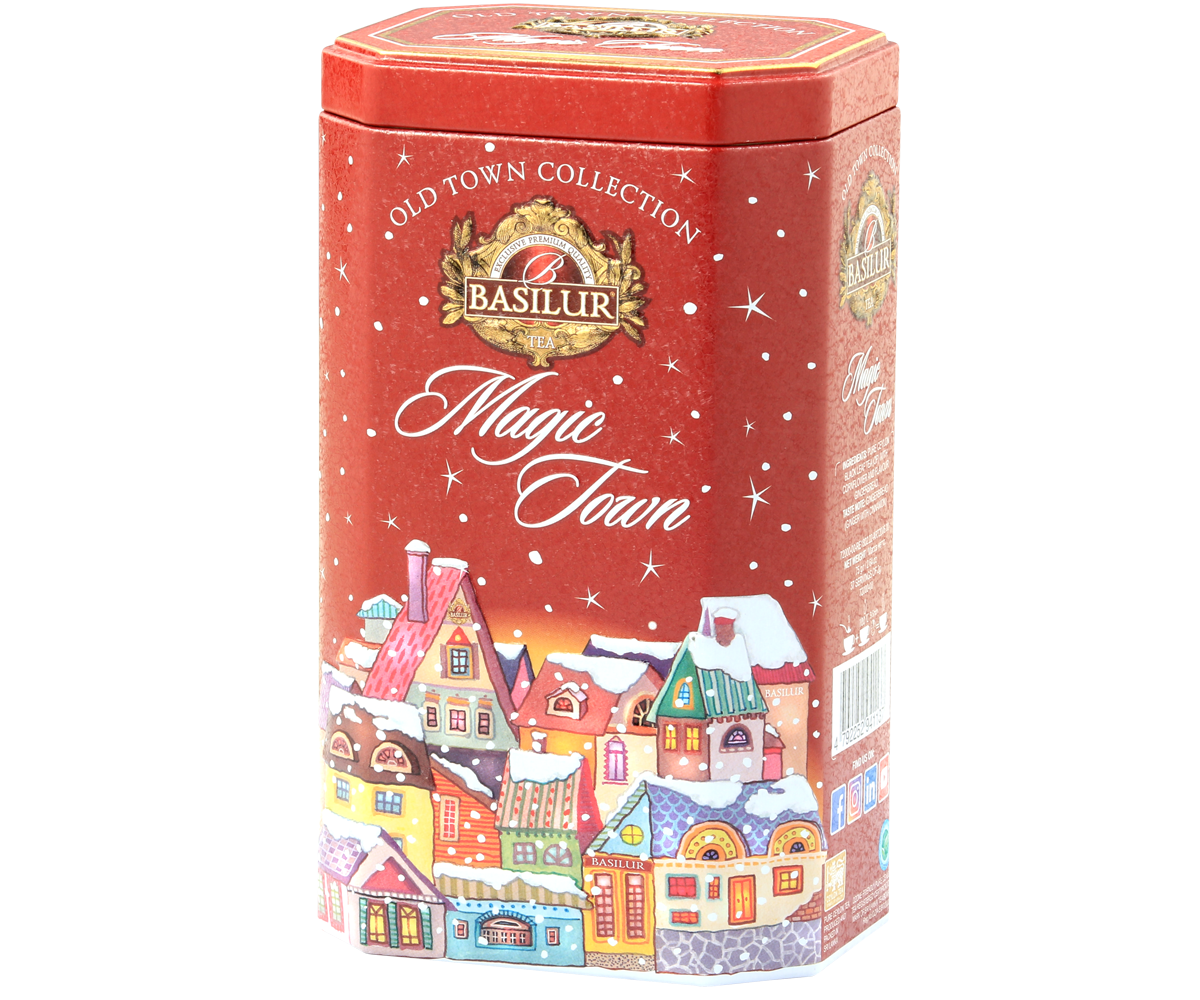 Herbata Basilur Magic Town w ozdobnej czerwonej puszce z zimowym motywem, idealna na prezent.