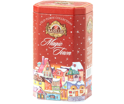 Herbata Basilur Magic Town w ozdobnej czerwonej puszce z zimowym motywem, idealna na prezent.