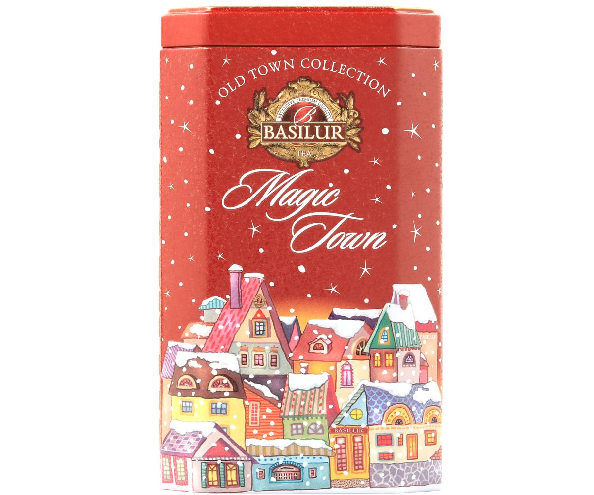 Zimowa herbata Basilur Magic Town w limitowanej puszce, aromatyczna herbata cejlońska.