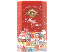 Zimowa herbata Basilur Magic Town w limitowanej puszce, aromatyczna herbata cejlońska.