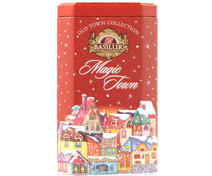 Zimowa herbata Basilur Magic Town w limitowanej puszce, aromatyczna herbata cejlońska.