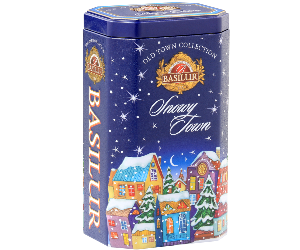 Elegancka puszka Basilur Snowy Town z kolekcji Old Town Collection, idealna na prezent.