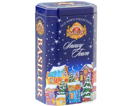 Elegancka puszka Basilur Snowy Town z kolekcji Old Town Collection, idealna na prezent.
