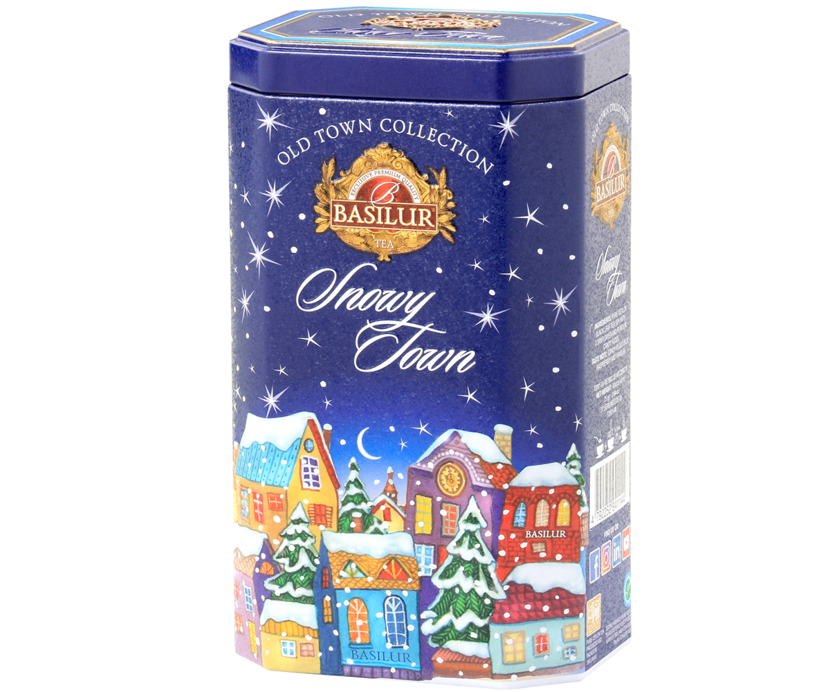 Herbata Basilur Snowy Town w ozdobnej granatowej puszce z zimowym motywem kolorowych domków.