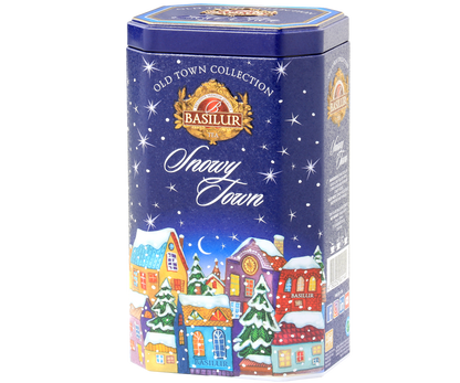 Herbata Basilur Snowy Town w ozdobnej granatowej puszce z zimowym motywem kolorowych domków.