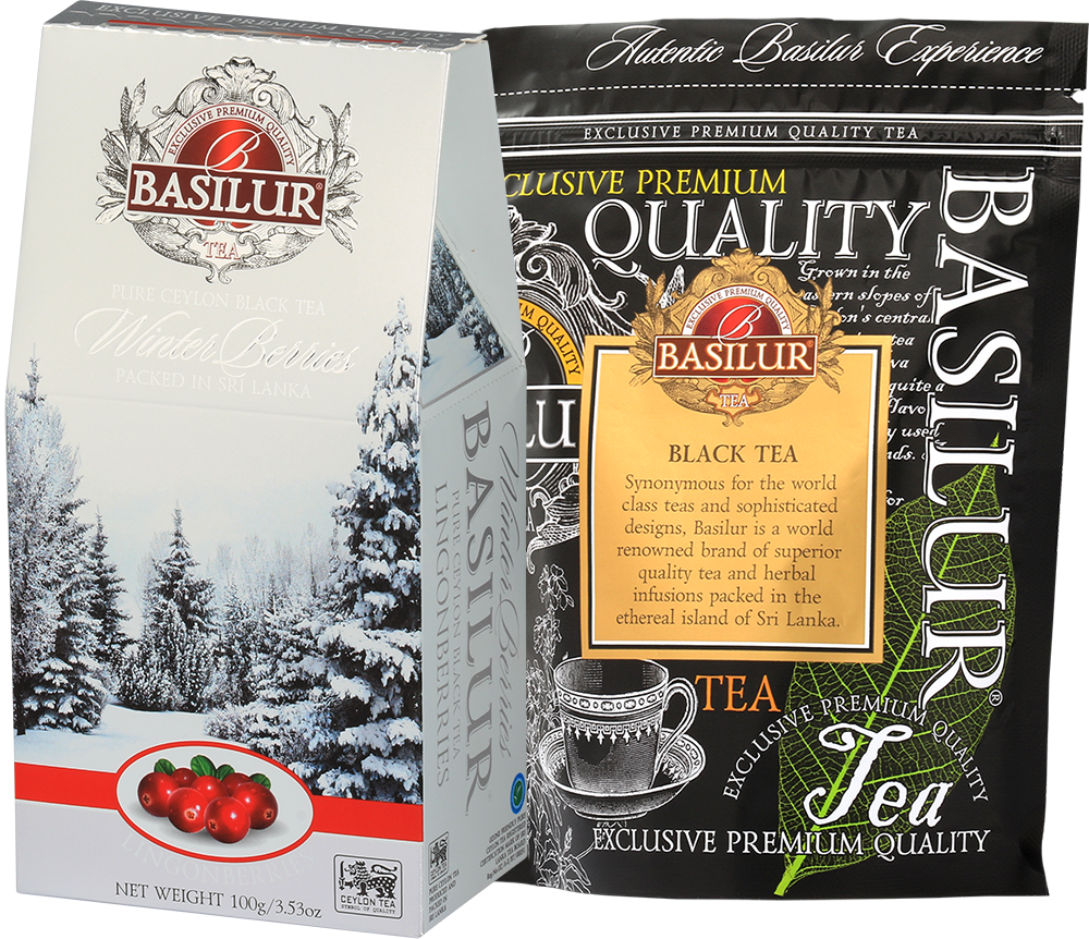 Herbata Basilur Lingonberries 100 g z opakowaniem i wewnętrzną torebką czarnej herbaty cejlońskiej.
