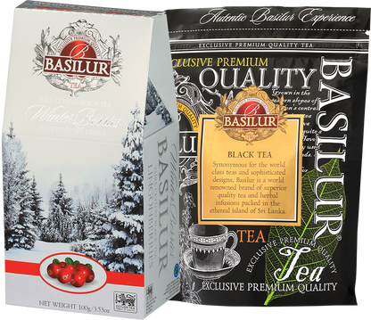 Herbata Basilur Lingonberries 100 g z opakowaniem i wewnętrzną torebką czarnej herbaty cejlońskiej.
