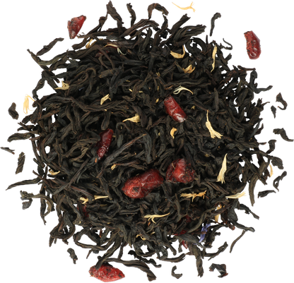 Susz herbaty Basilur Lingonberries z dodatkiem brusznic i płatków kwiatów.