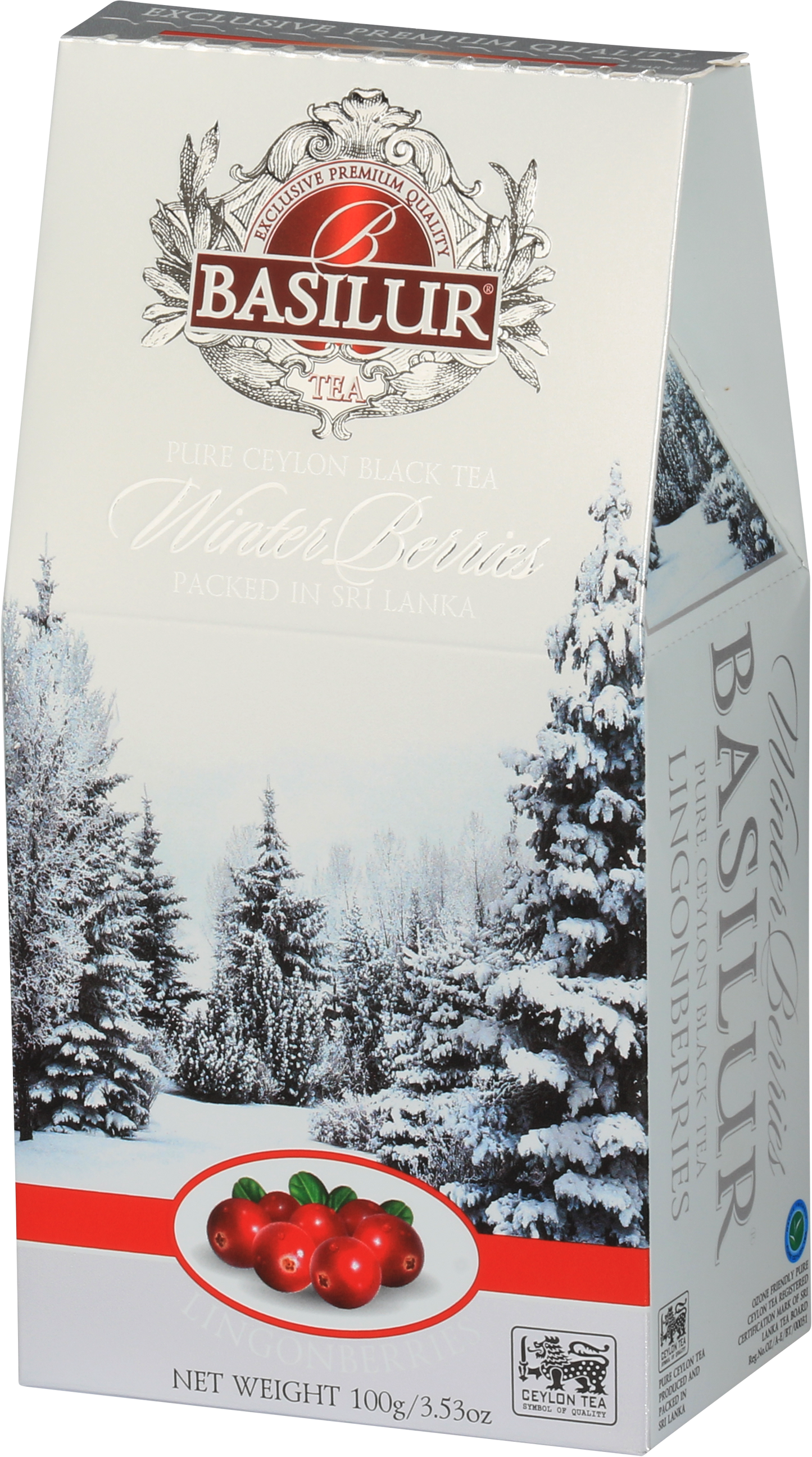 Opakowanie herbaty Basilur Lingonberries 100 g z zimowym motywem i owocami brusznicy.