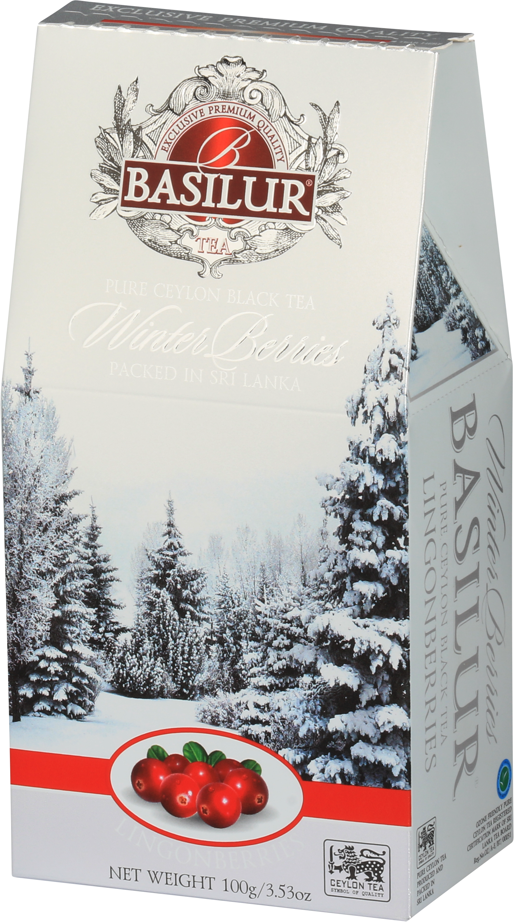 Opakowanie herbaty Basilur Lingonberries 100 g z zimowym motywem i owocami brusznicy.