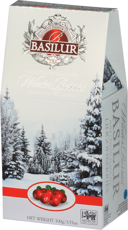 Opakowanie herbaty Basilur Lingonberries 100 g z zimowym motywem i owocami brusznicy.