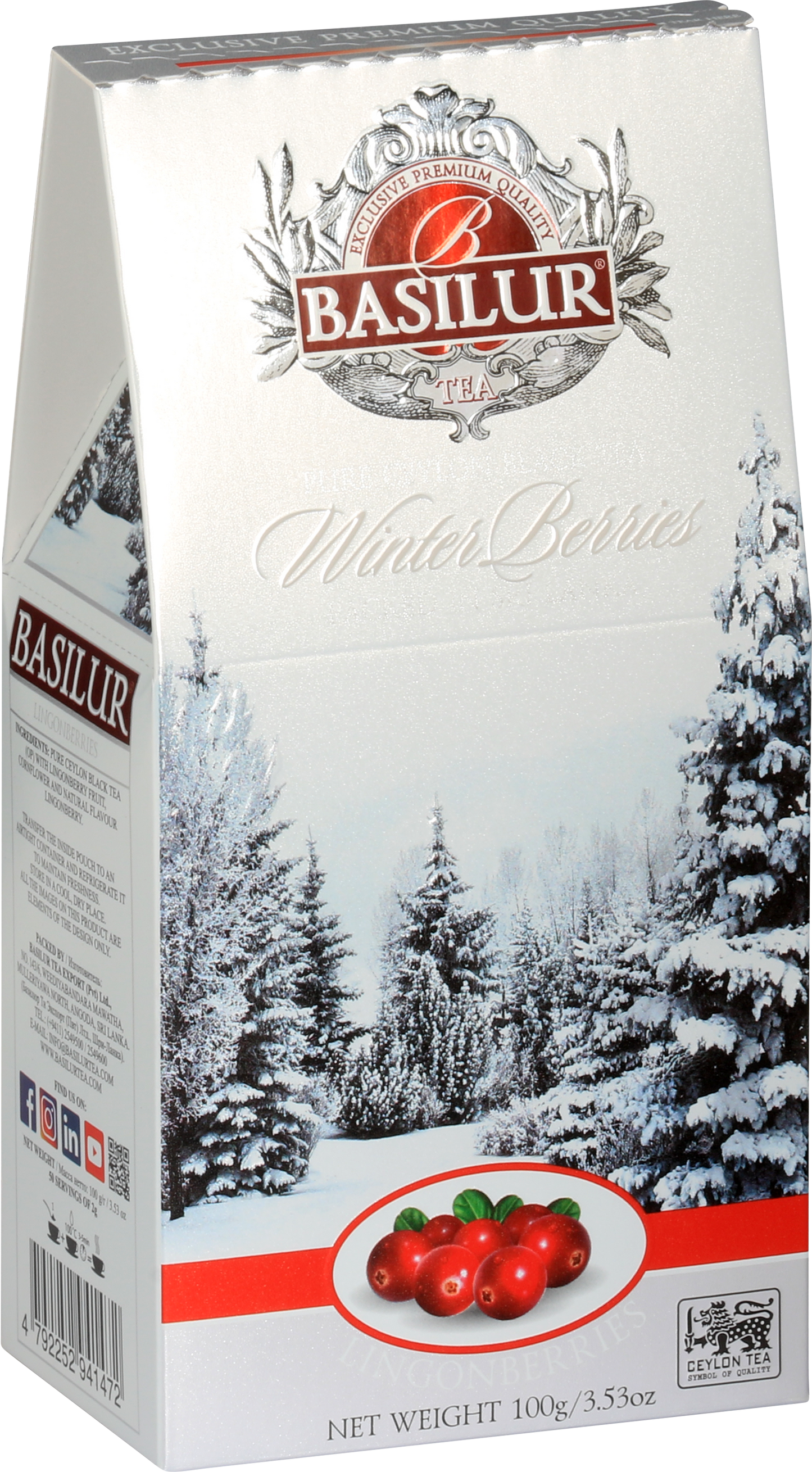 Bok opakowania herbaty Basilur Lingonberries z informacjami o produkcie i owocami brusznicy.