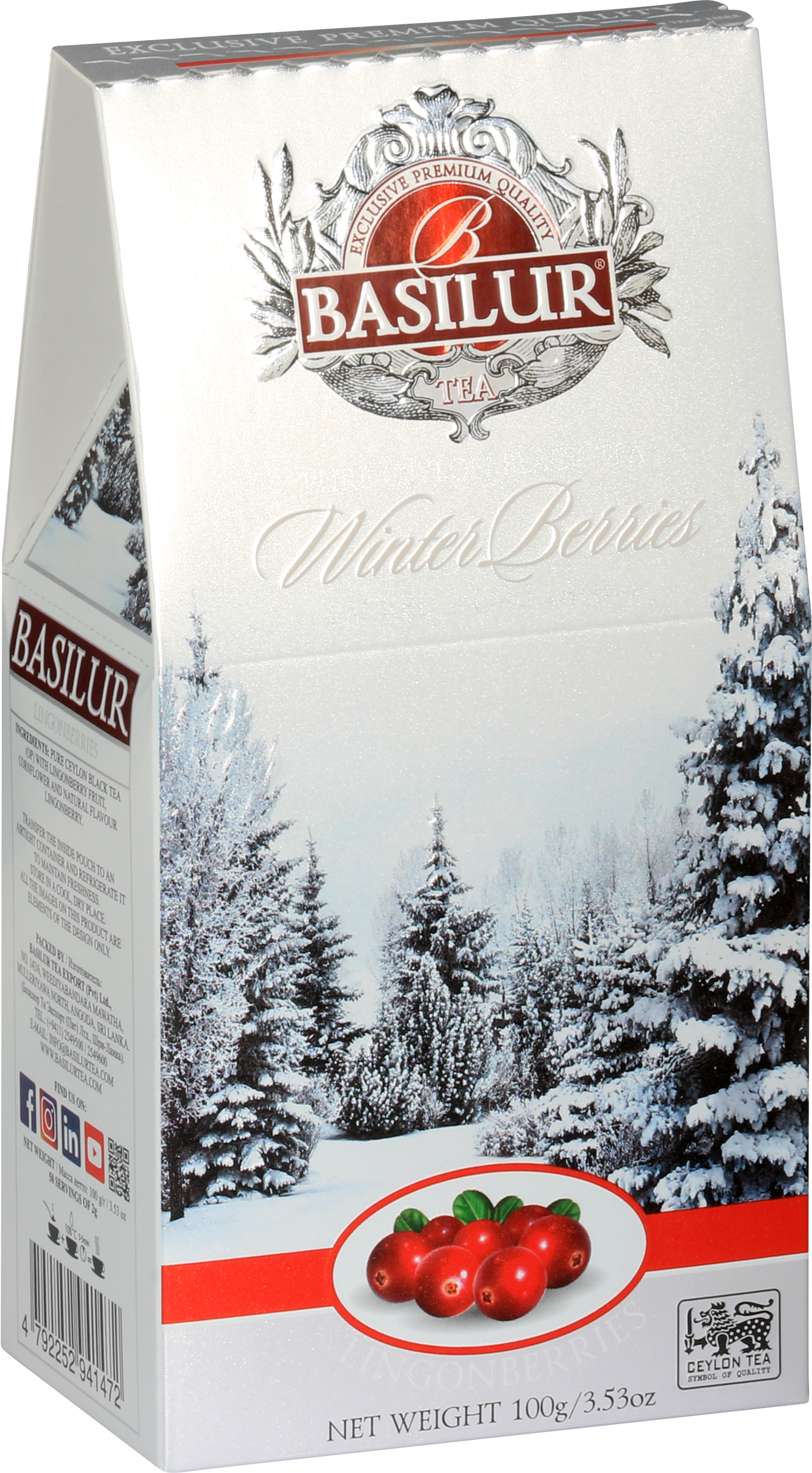 Bok opakowania herbaty Basilur Lingonberries z informacjami o produkcie i owocami brusznicy.