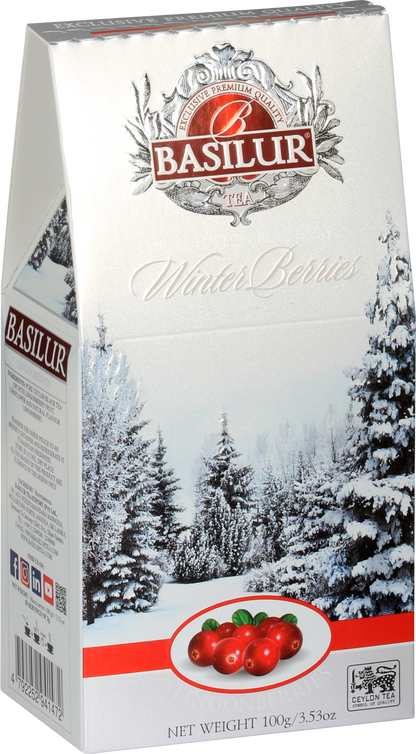 Bok opakowania herbaty Basilur Lingonberries z informacjami o produkcie i owocami brusznicy.