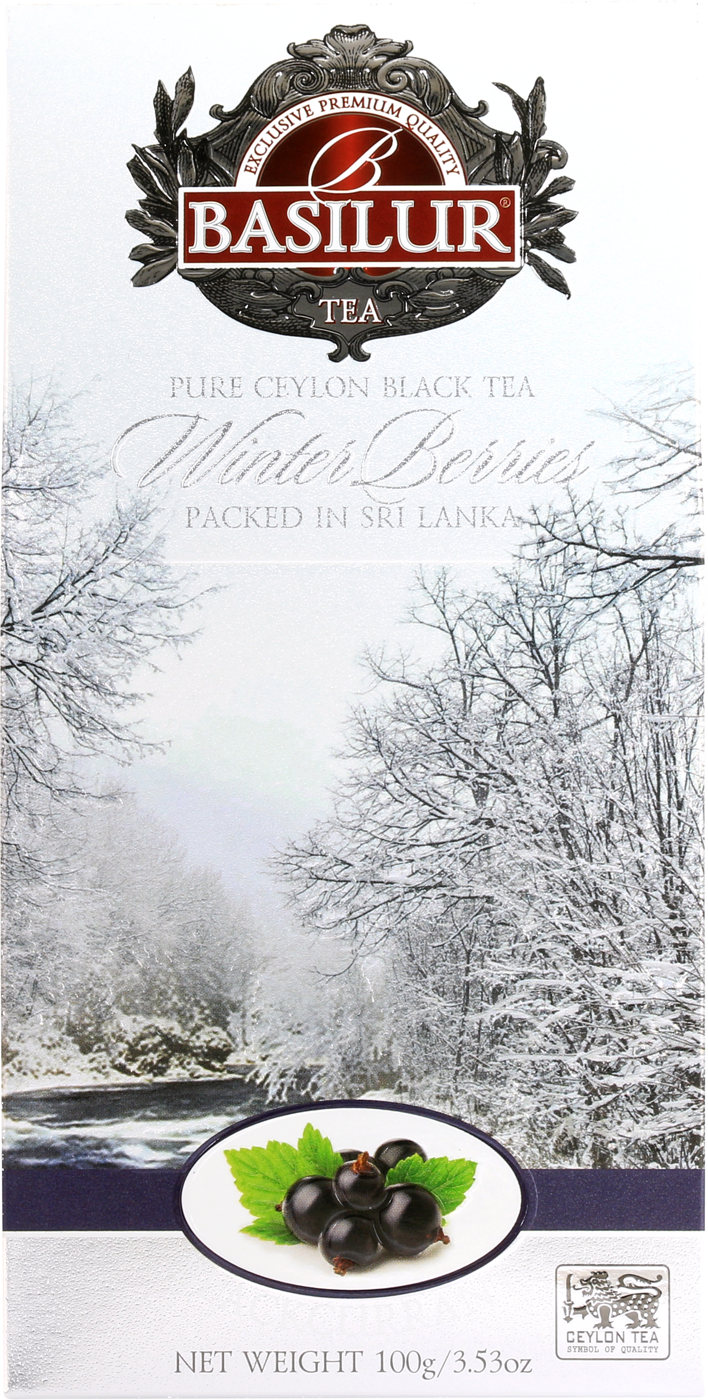 Herbata Basilur Blackcurrant Winter Berries w srebrnym opakowaniu z zimowym krajobrazem i czarną porzeczką.