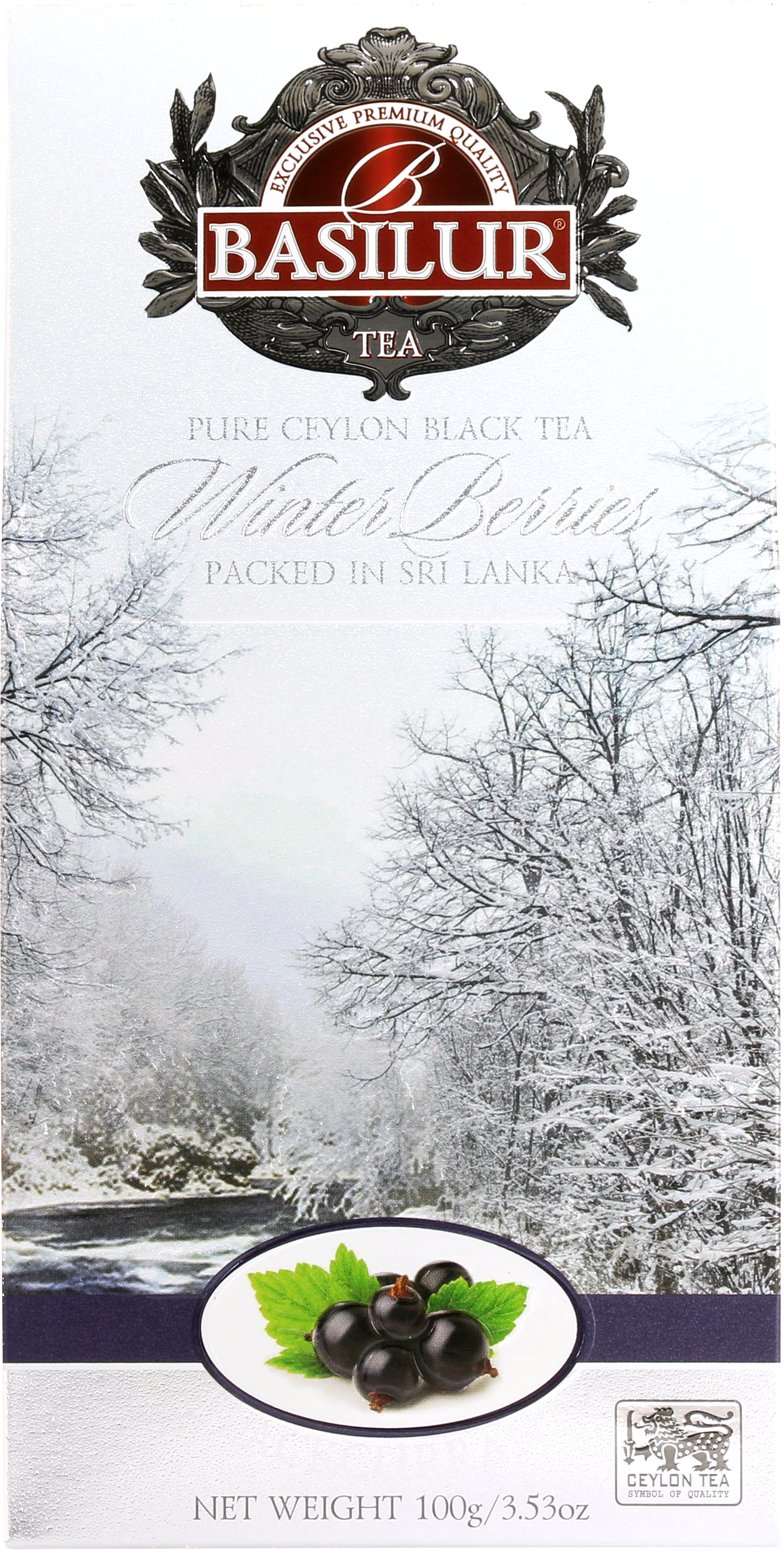 Herbata Basilur Blackcurrant Winter Berries w srebrnym opakowaniu z zimowym krajobrazem i czarną porzeczką.