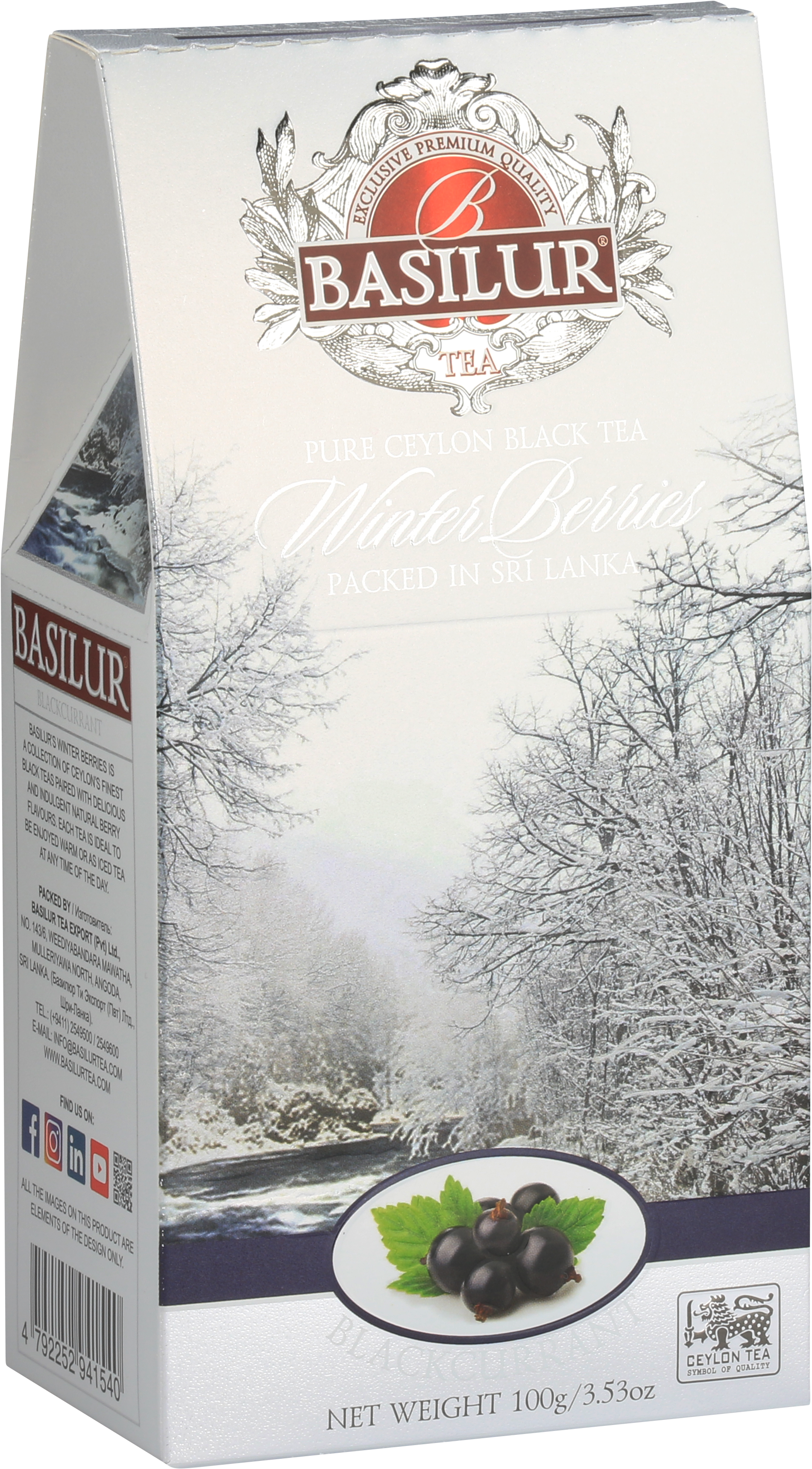 Opakowanie herbaty Basilur Blackcurrant 100 g z motywem ośnieżonych drzew i owoców porzeczki.