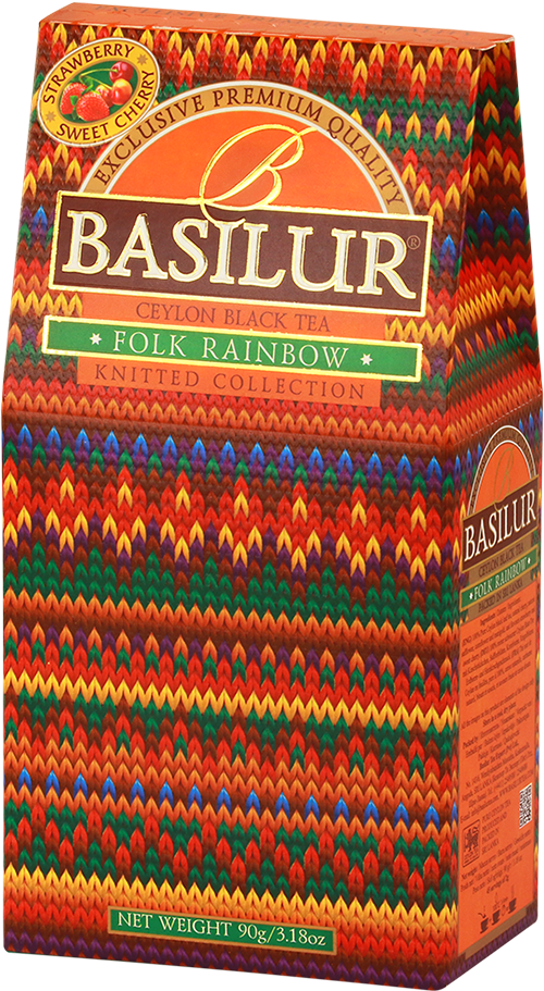 Pudełko herbaty Basilur Folk Rainbow – czarna herbata cejlońska z truskawką i wiśnią w folkowym opakowaniu.