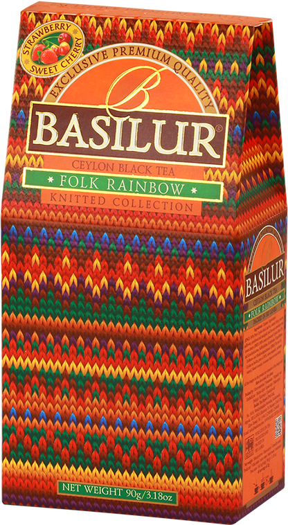 Pudełko herbaty Basilur Folk Rainbow – czarna herbata cejlońska z truskawką i wiśnią w folkowym opakowaniu.