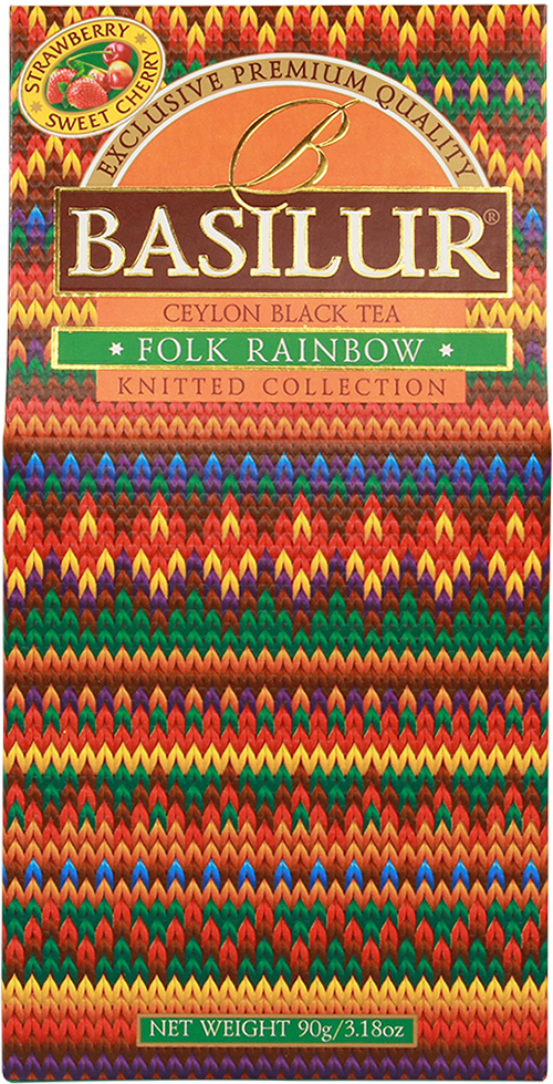 Przód opakowania Basilur Folk Rainbow – kolorowa herbata z kolekcji Knitted Collection.