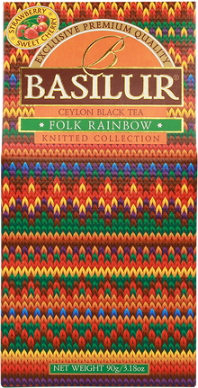 Przód opakowania Basilur Folk Rainbow – kolorowa herbata z kolekcji Knitted Collection.