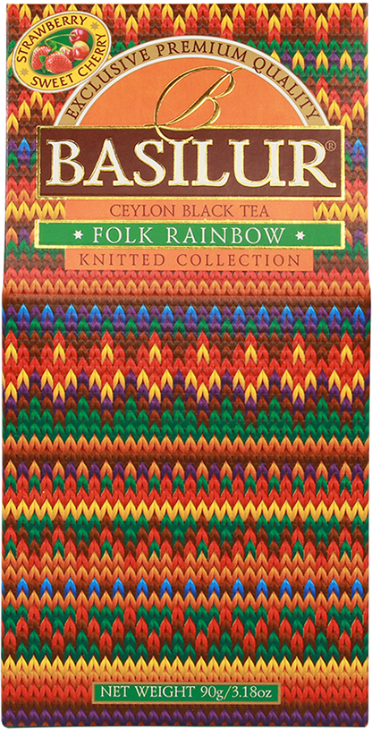 Przód opakowania Basilur Folk Rainbow – kolorowa herbata z kolekcji Knitted Collection.