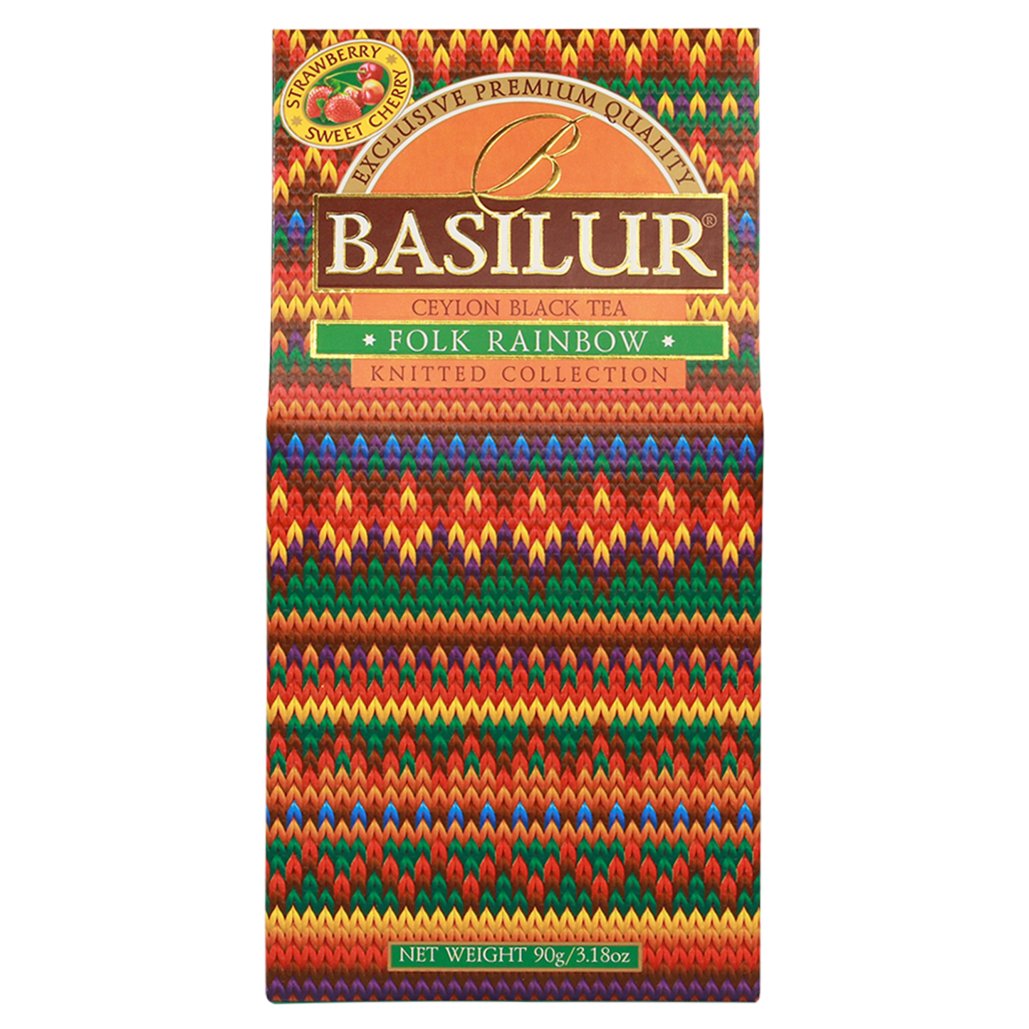 Przód opakowania Basilur Folk Rainbow – kolorowa herbata z kolekcji Knitted Collection.