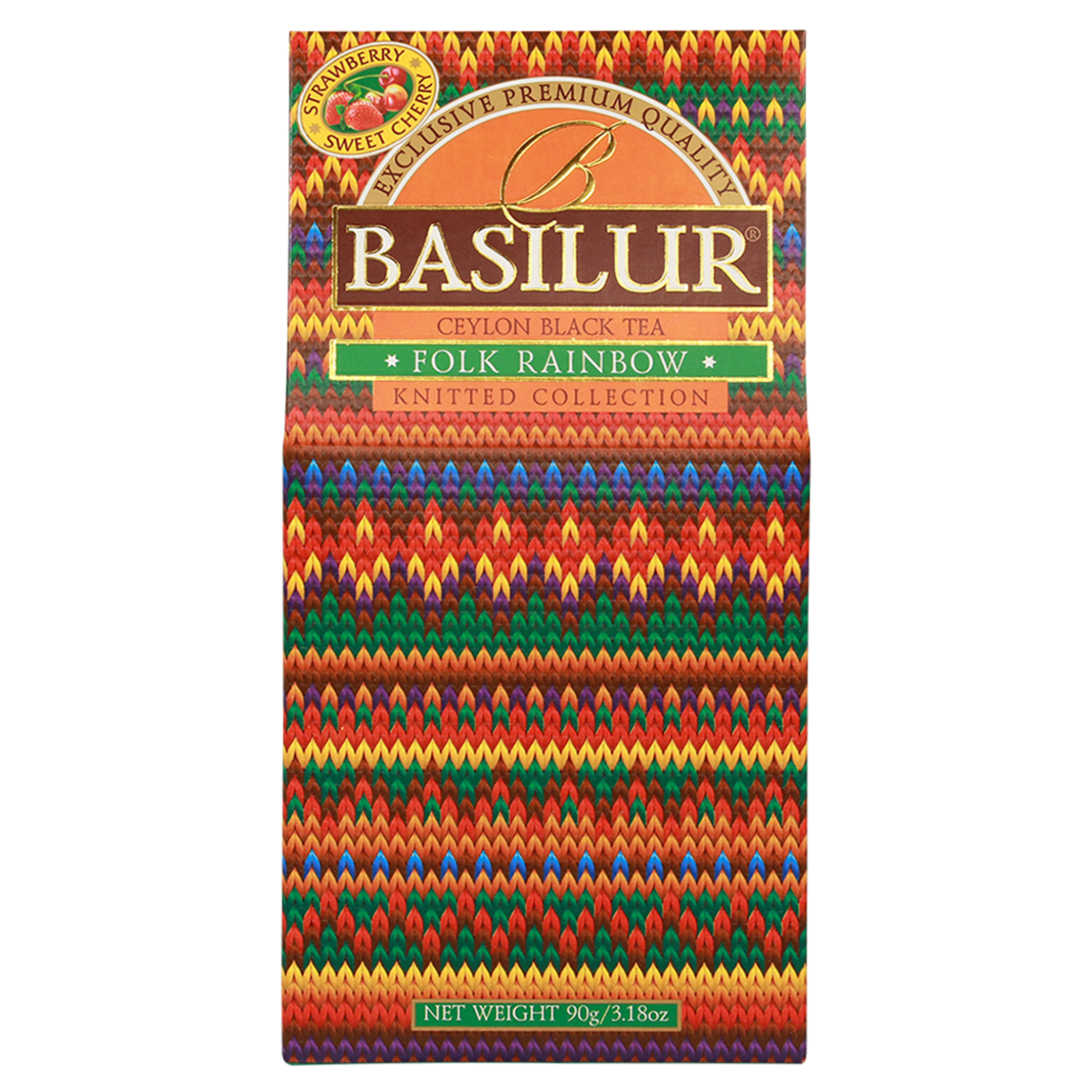 Przód opakowania Basilur Folk Rainbow – kolorowa herbata z kolekcji Knitted Collection.