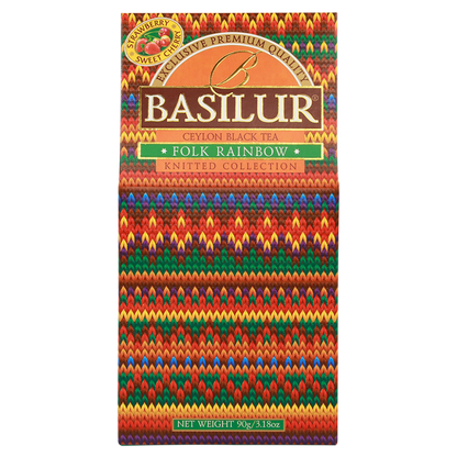 Przód opakowania Basilur Folk Rainbow – kolorowa herbata z kolekcji Knitted Collection.