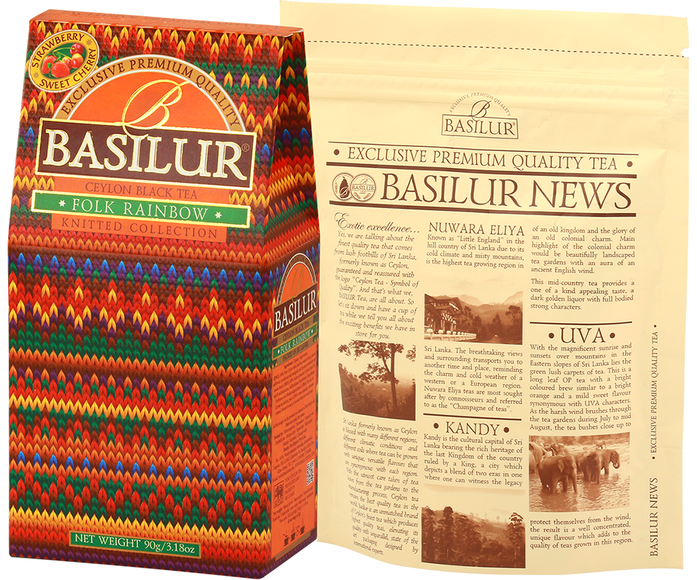 Herbata Basilur Folk Rainbow – ozdobne opakowanie inspirowane wzorami ludowymi.